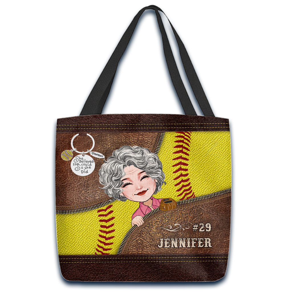 She Believed She Could So She Did - Personalized Softball Tote Bag