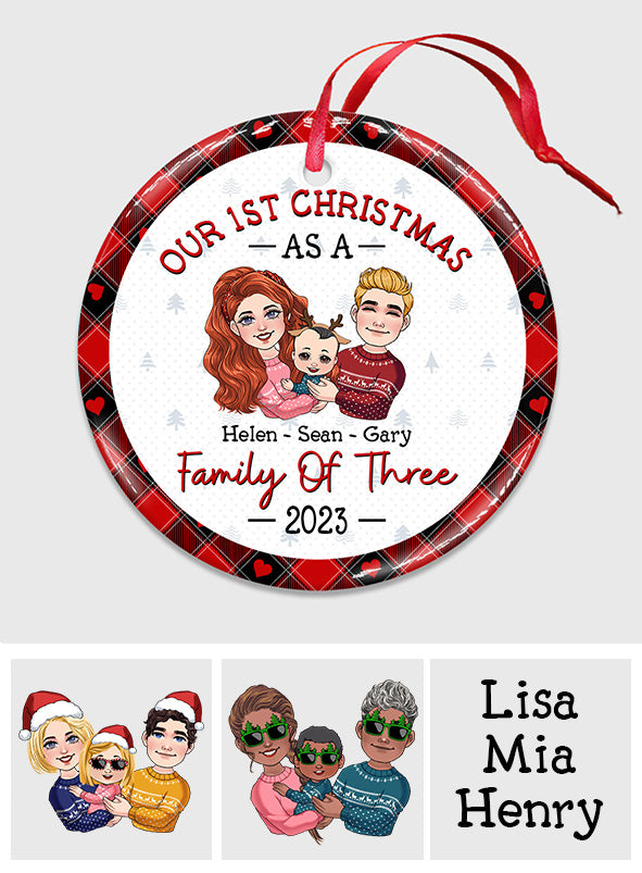 1St Christmas As Family Of Three - Gift for Newborn - Personalized Ceramic Circle Ornament