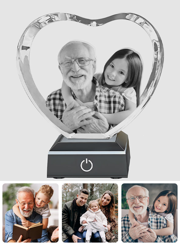 Custom Photo - Personalized Grandpa Laser Engraving 3D Heart Shaped Crystal Lamp