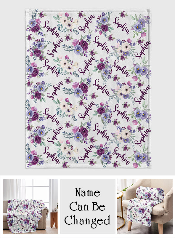 Custom Name Purple Flowers - Personalized Aunt Blanket
