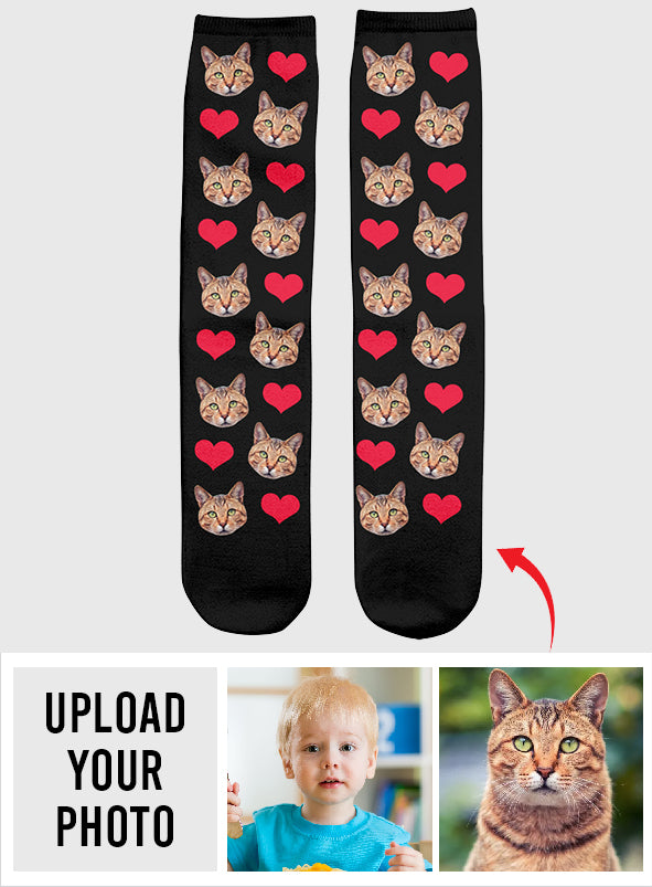 Custom Face Heart Pattern - Personalized Cat Socks