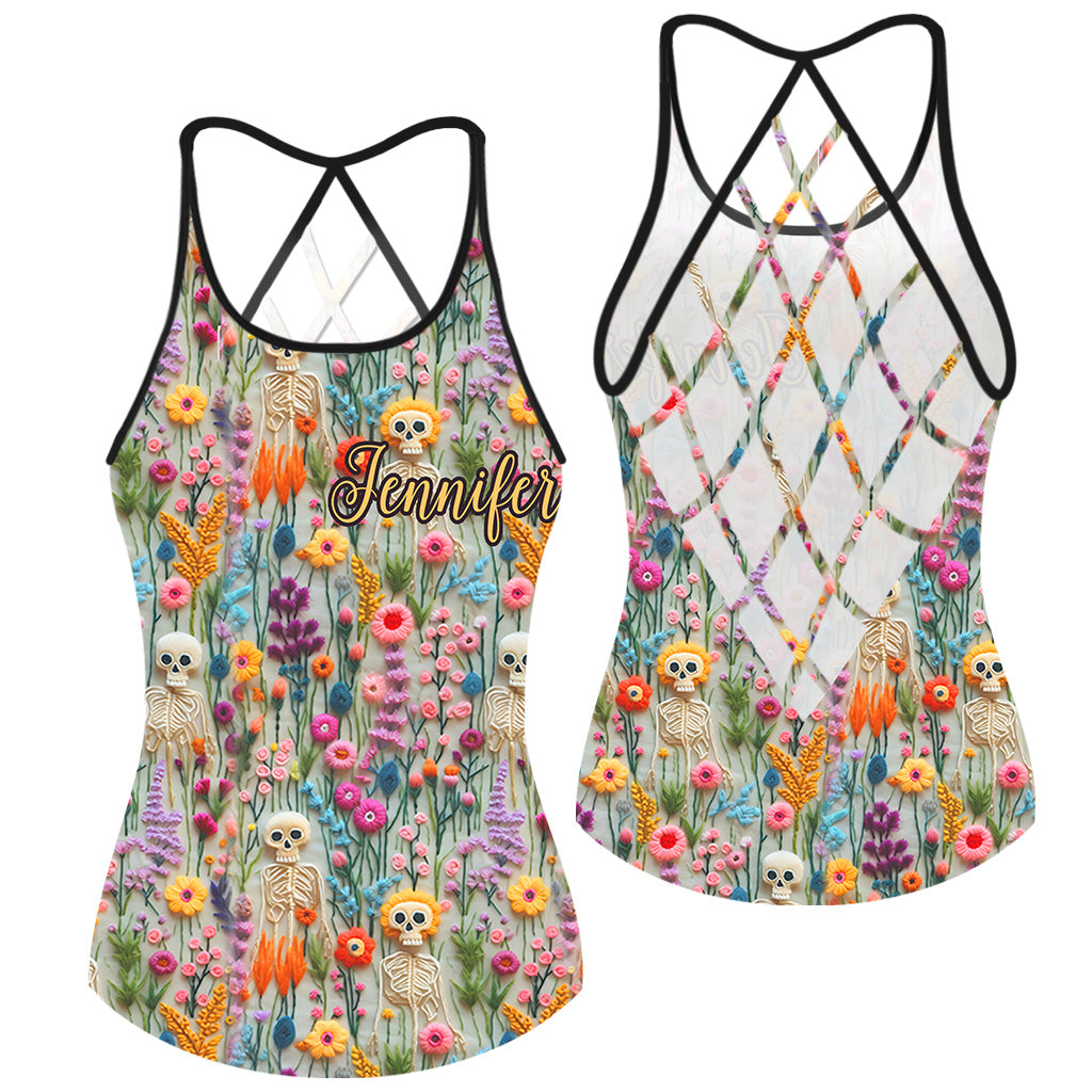 Floral Skeleton - Personalized Skull Cross Tank Top