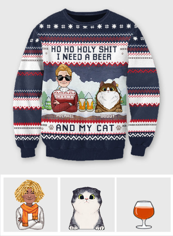 I Need Beer And My Cat - Personalized Cat Ugly Sweater
