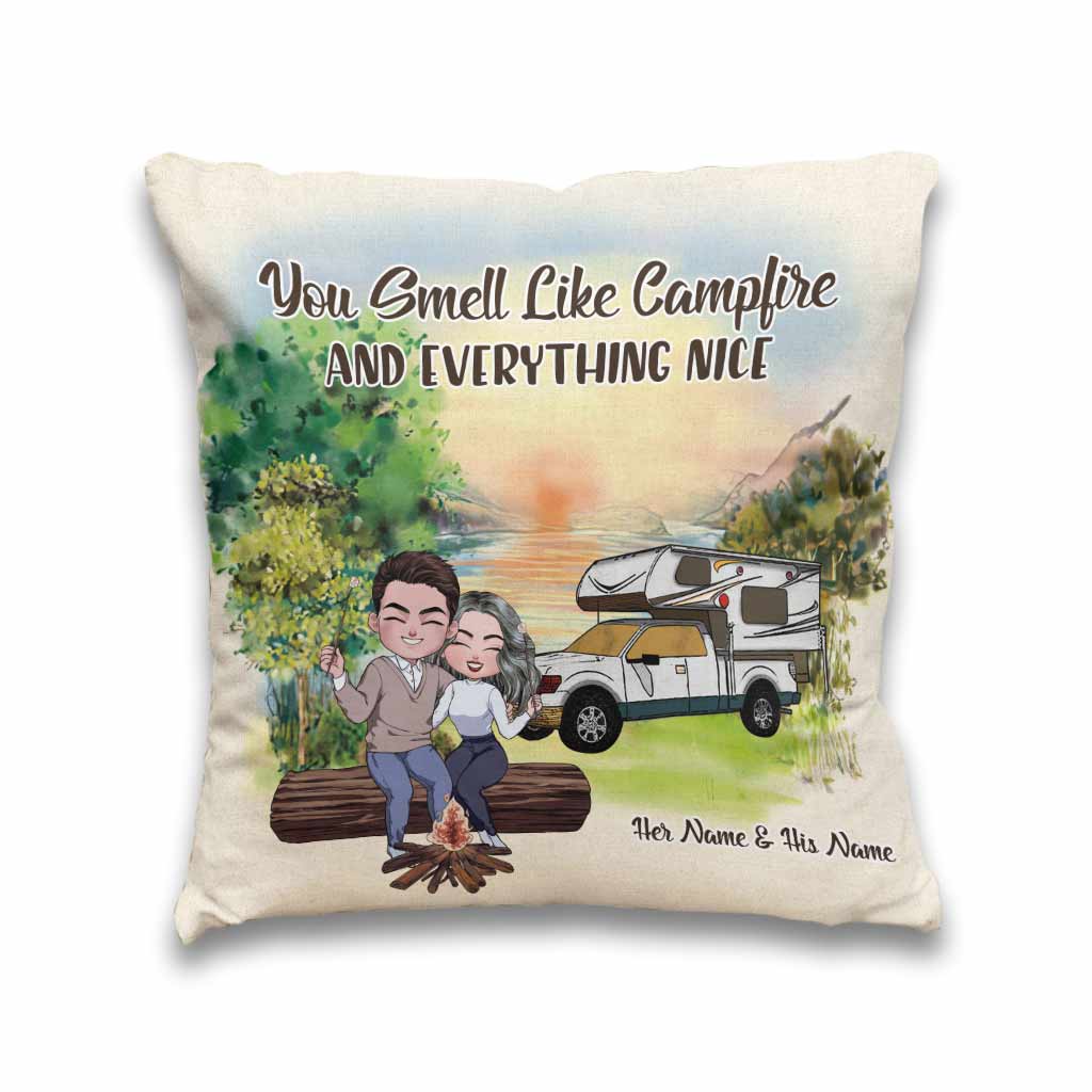 You Smell Like Campfire - Personalized Couple Camping Throw Pillow