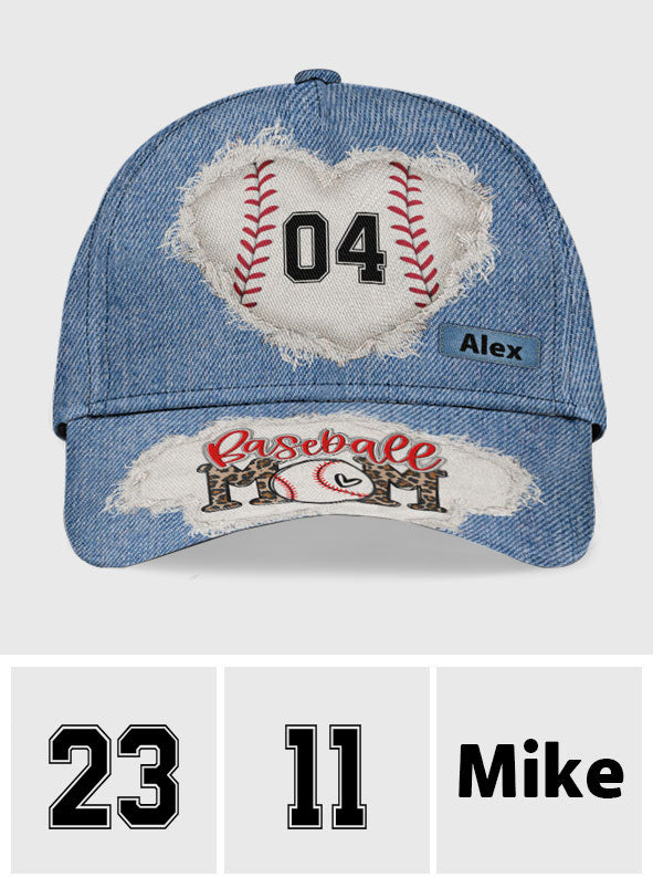 Baseball Mom Number Custom Denim Pattern - Personalized Baseball Classic Cap