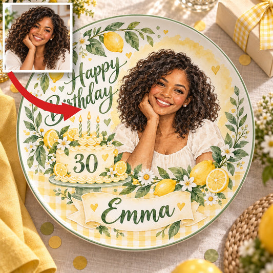 Personalized Lemon Birthday Ceramic Plate - Watercolor Portrait, Custom Name and Age