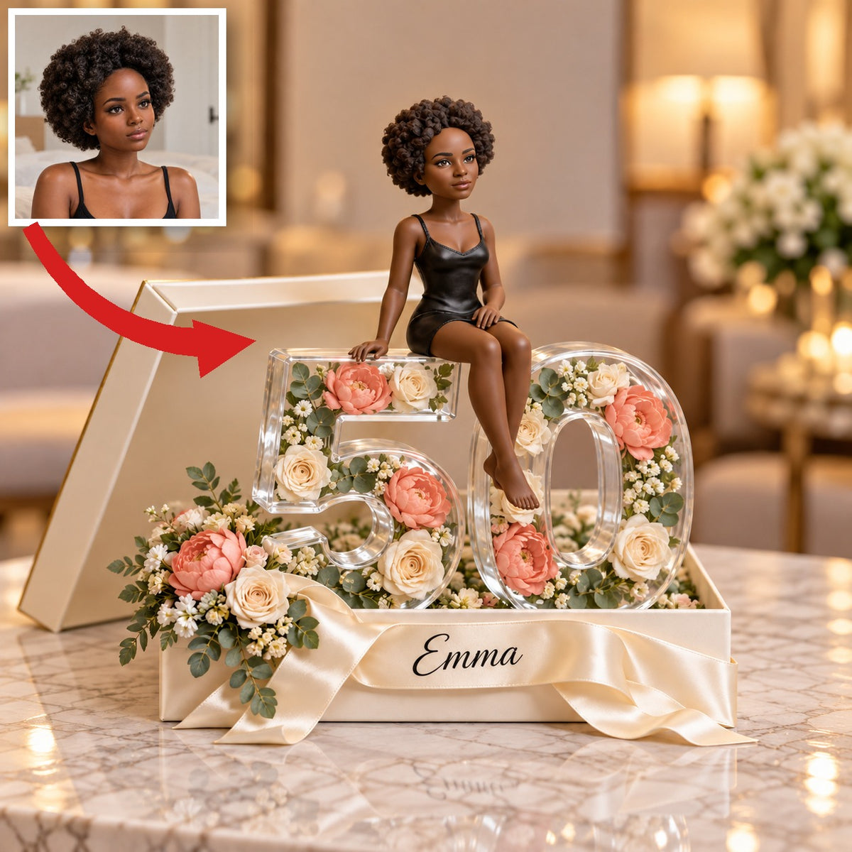 Personalized Custom Photo Floral Acrylic Number Figurine Display - 50th Birthday Gift for Women