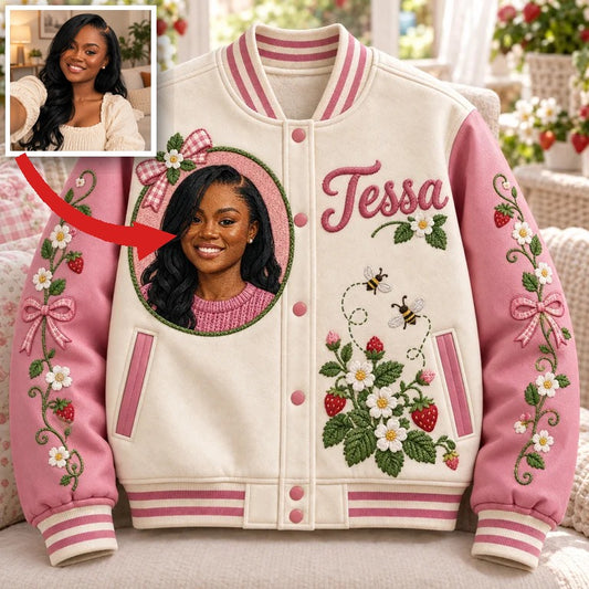 Personalized Strawberry Bow Varsity Jacket - Women's Birthday Gift with Portrait and Name
