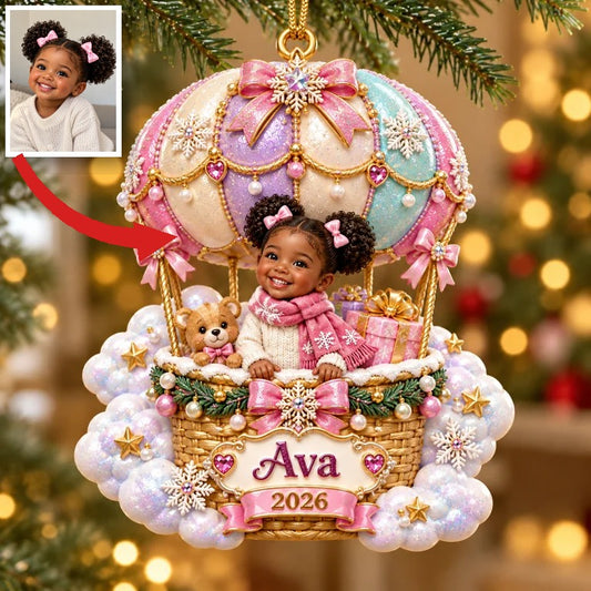 Personalized Custom Photo Hot Air Balloon 3D Ornament - 2026 Christmas Gift for Little Girls