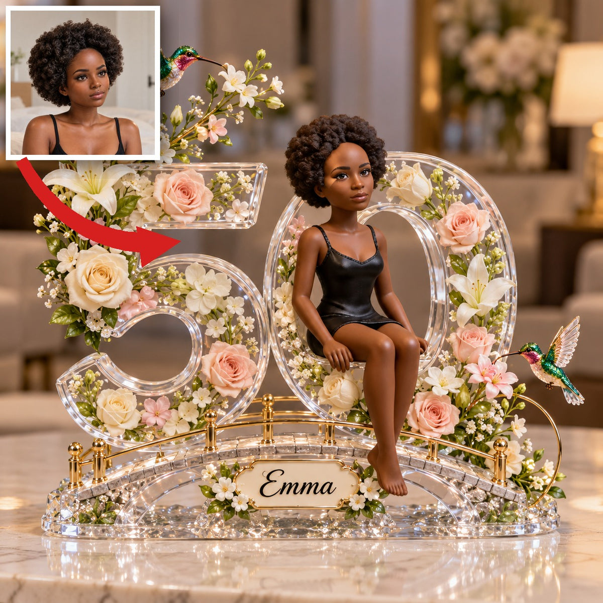 Personalized Custom Photo Hummingbird Acrylic Number Figurine Display - 50th Birthday Gift for Women