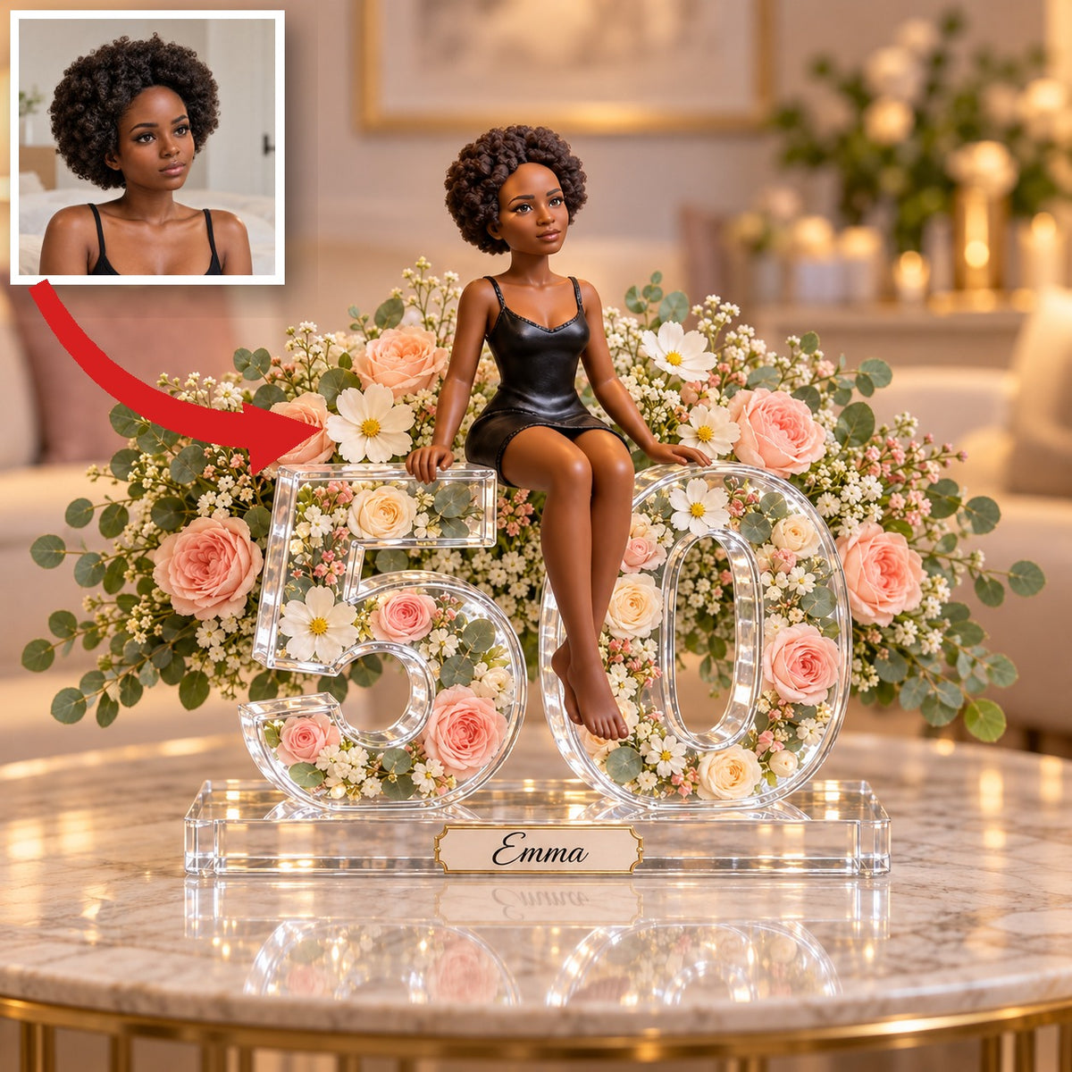 Personalized Custom Photo Floral Acrylic Number Figurine Display - 50th Birthday Gift for Women