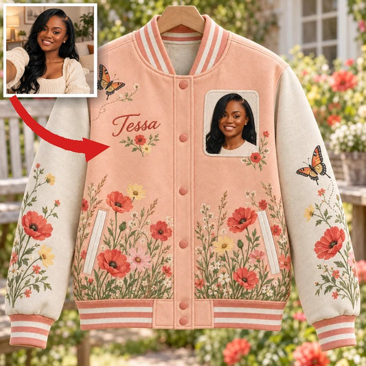 Personalized Poppy Meadow Varsity Jacket - Women's Photo and Name Botanical Design