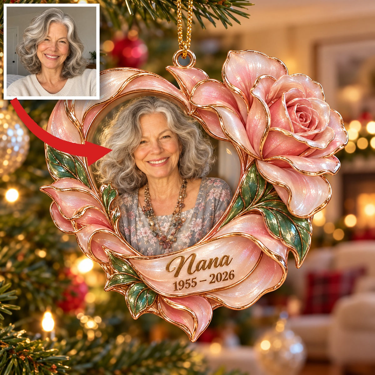 Personalized Custom Photo Rose Heart Memorial Christmas Ornament - In Memory of Grandma