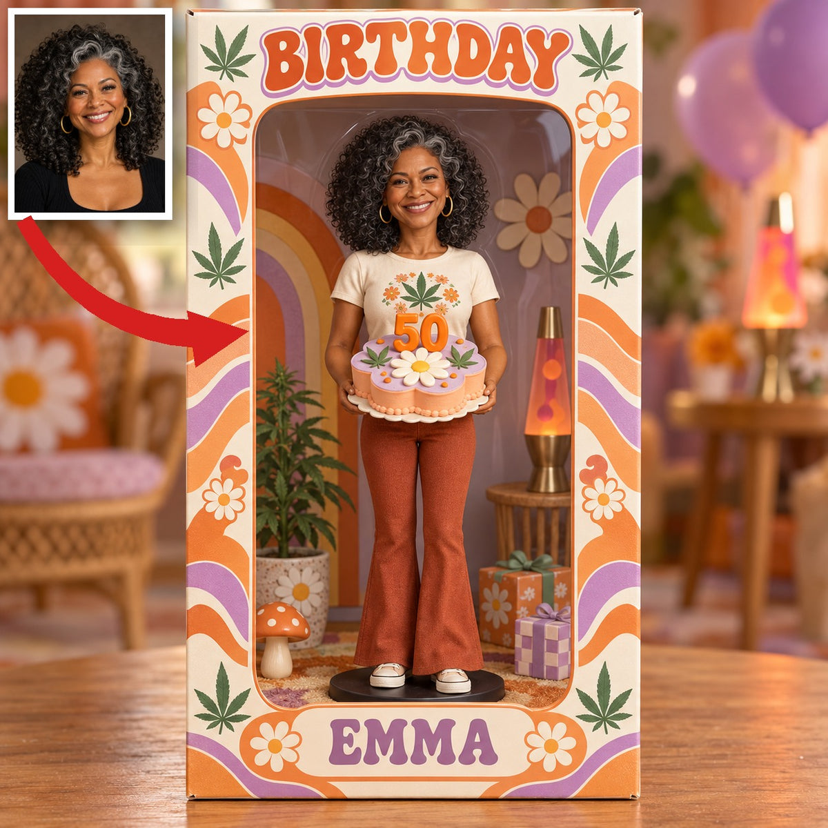 Personalized Hippie Acrylic Display Box - Retro Daisy Birthday Figurine Gift