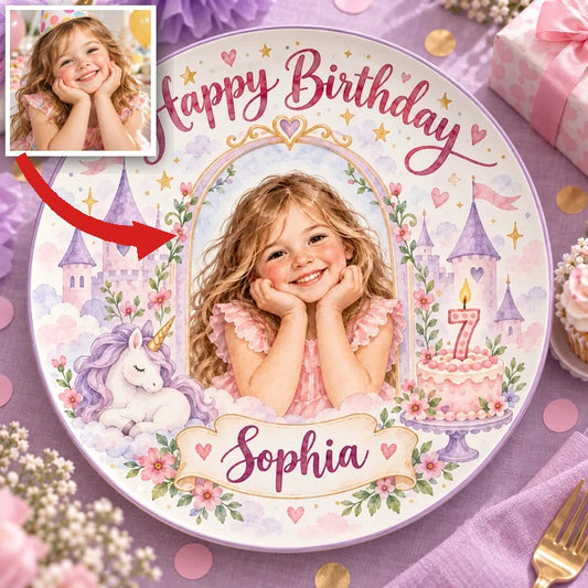 Personalized Unicorn Ceramic Round Plate - Princess Birthday Portrait, Custom Name and Age
