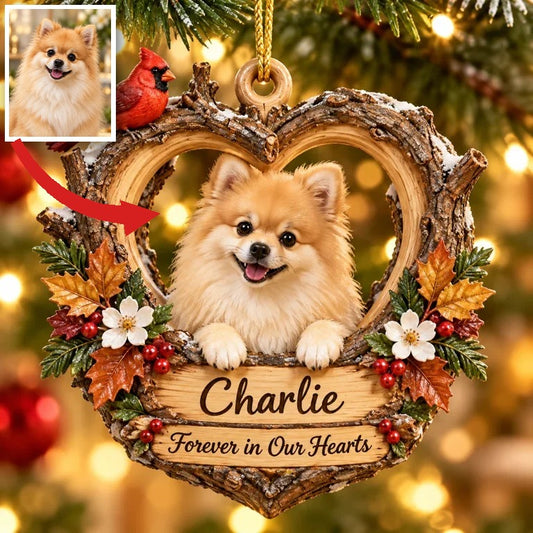 Personalized Custom Photo Pomeranian Memorial 3D Woodland Heart Ornament - Christmas Dog Lover Gift