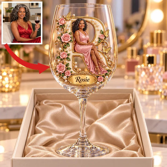 Personalized Custom Photo Rose and Butterfly Wine Glass - Gift for Older Women