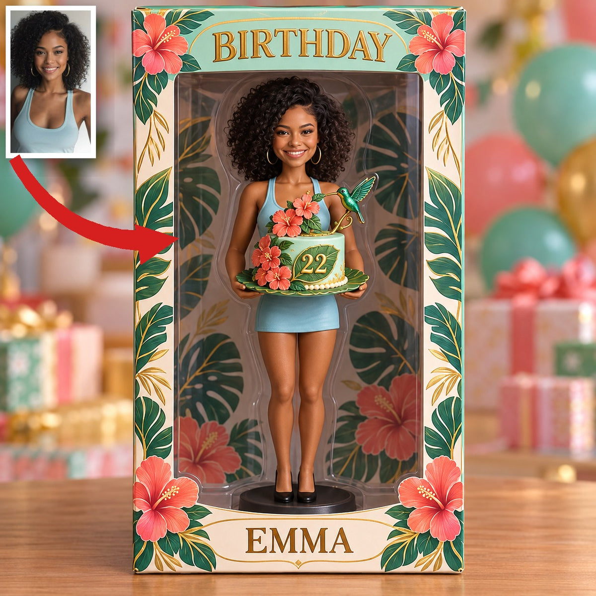 Personalized Birthday Display Box - Portrait Figurine with Butterfly Cake, Name and Age