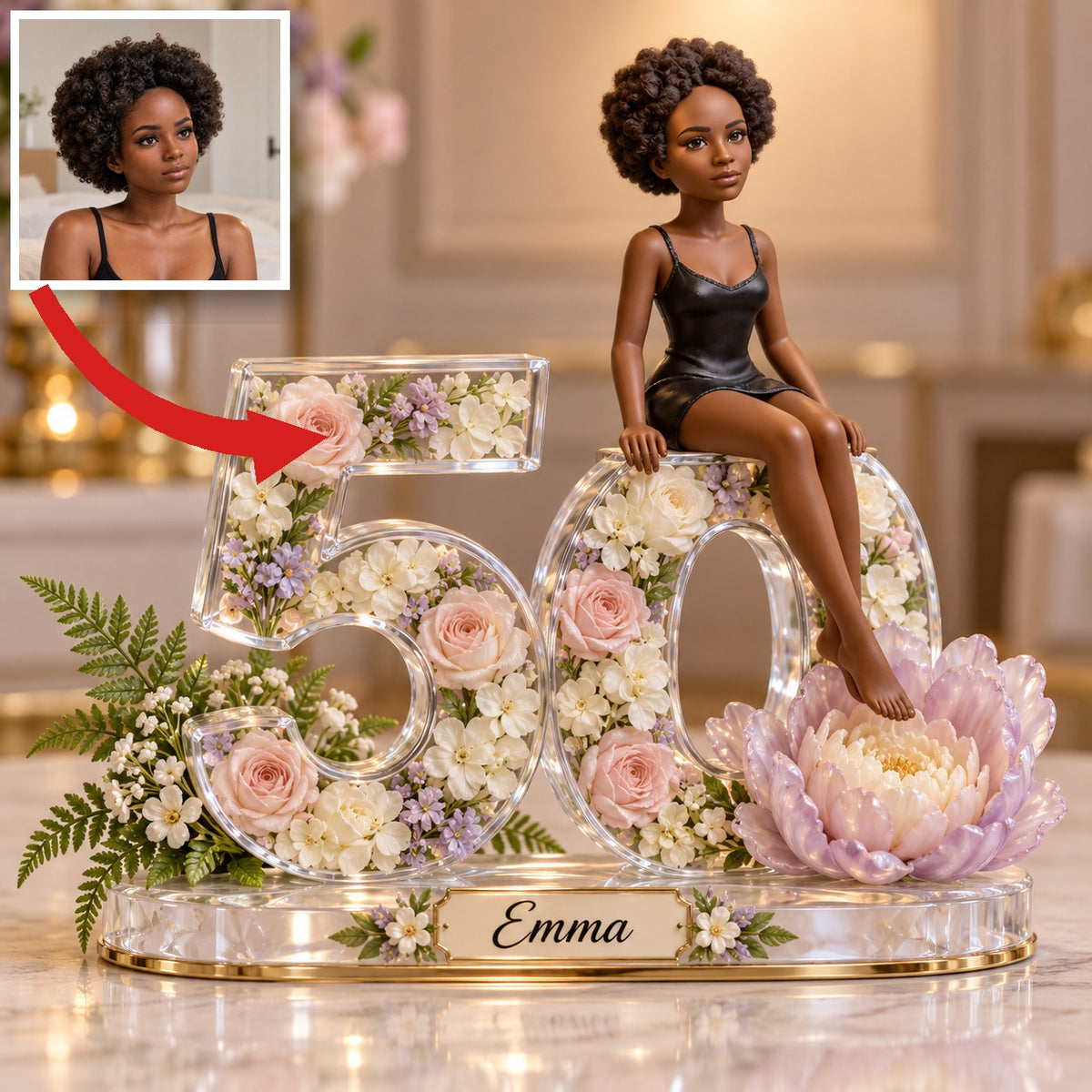 Personalized Custom Photo Lotus Acrylic Number Figurine Display - 50th Birthday Gift for Women