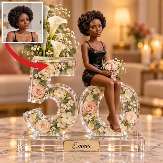Personalized Custom Photo Floral Acrylic Number Figurine Display - 50th Birthday Gift for Women
