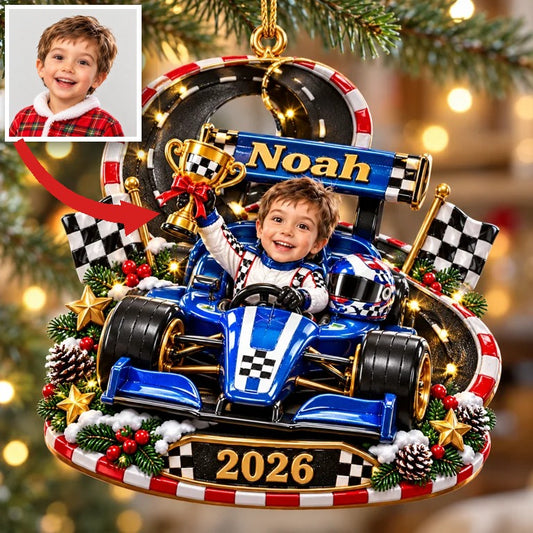 Personalized Custom Photo Race Car 3D Ornament - 2026 Christmas Gift for Boys