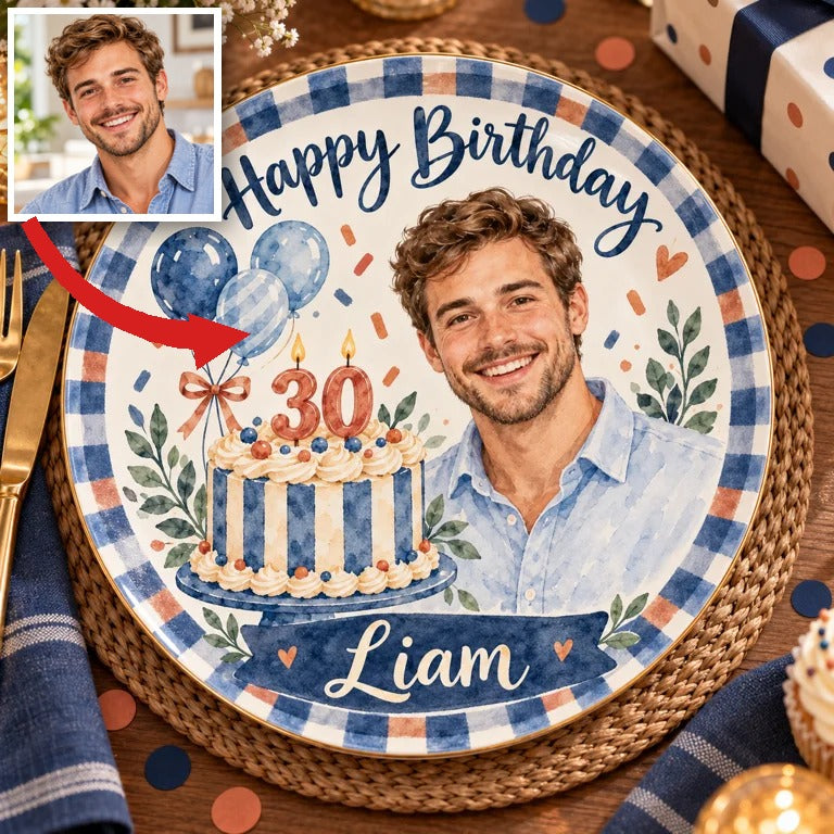Personalized Birthday Ceramic Round Plate - Navy Gingham Watercolor Portrait Gift