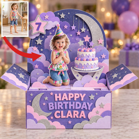 Personalized Moon and Stars Pop-Up Box Card - Birthday Cake with Custom Photo, Name and Age