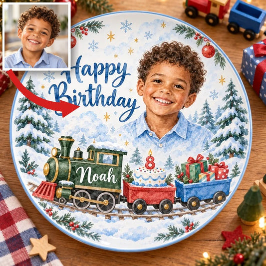 Personalized Christmas Train Ceramic Plate - Birthday Watercolor Portrait, Custom Name and Age
