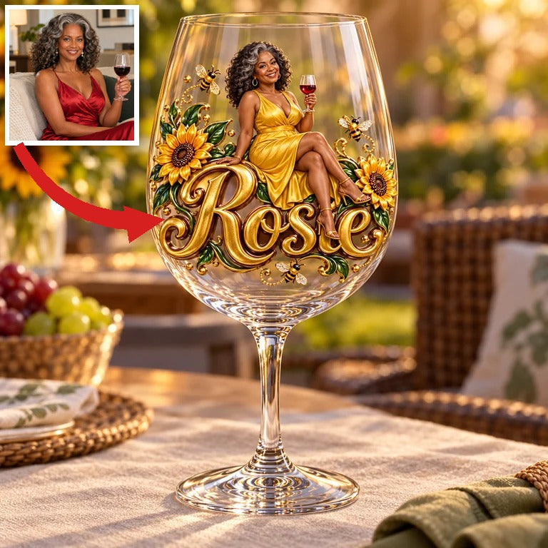 Personalized Custom Photo Sunflower Wine Glass - Gift for Older Women