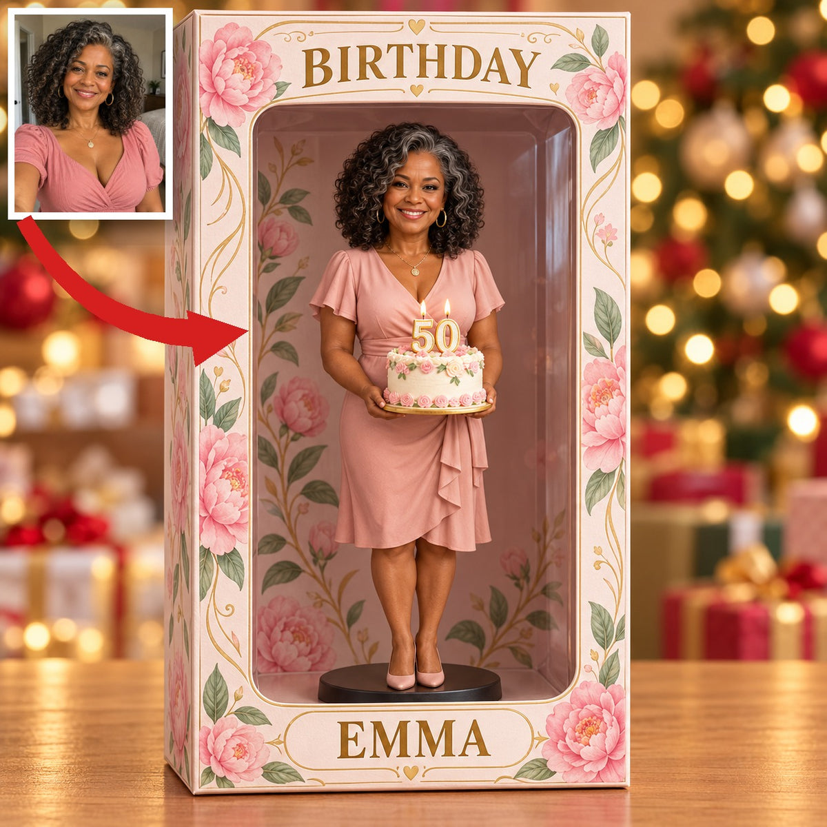 Personalized Custom Photo Pink Peony Figurine Display Box - 50th Birthday Gift for Women