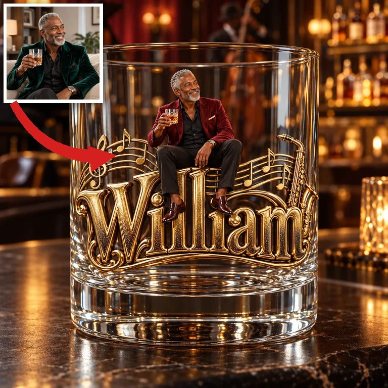 Personalized Custom Photo Jazz Whiskey Glass - Gift for Older Men Who Love Music