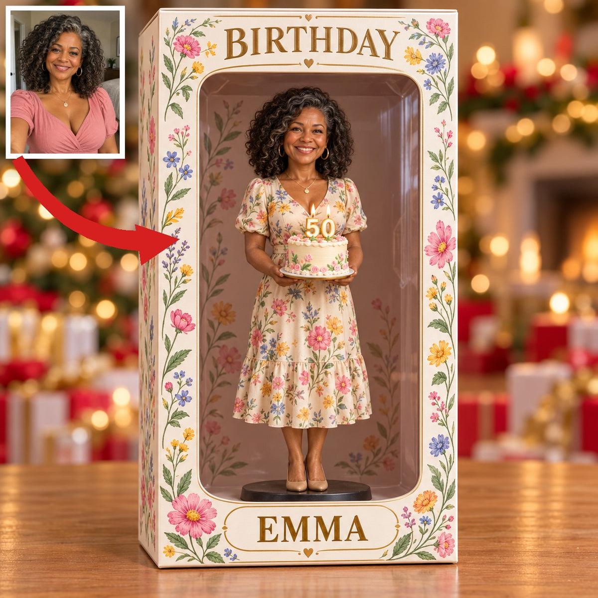 Personalized Custom Photo Wildflower Figurine Display Box - 50th Birthday Gift for Women