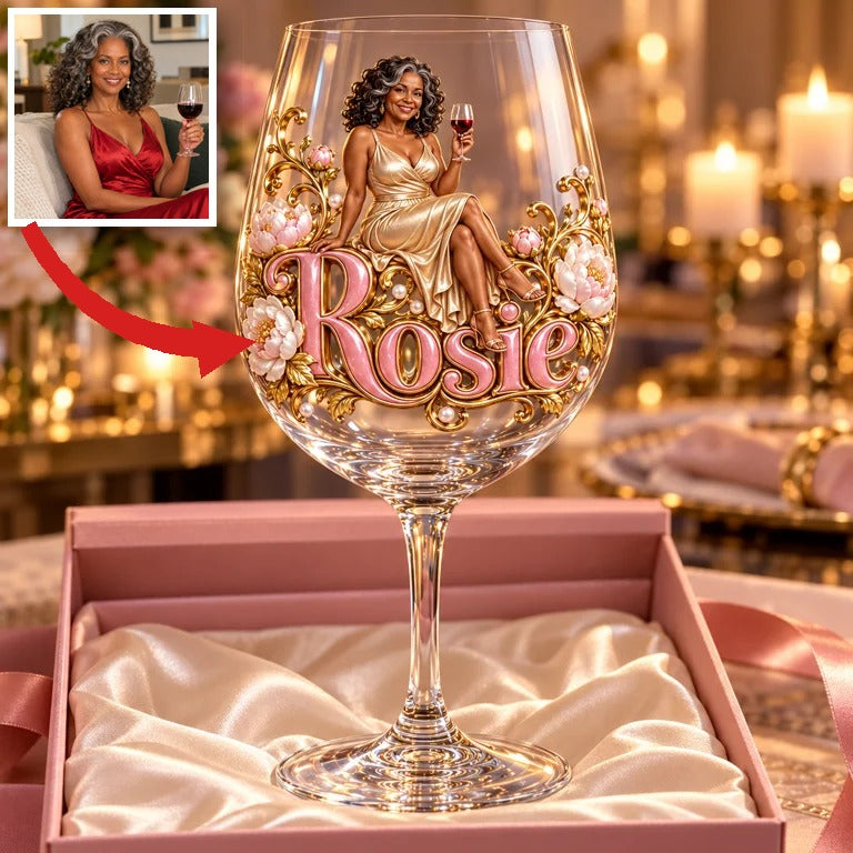 Personalized Custom Photo Peony Wine Glass - Gift for Older Women