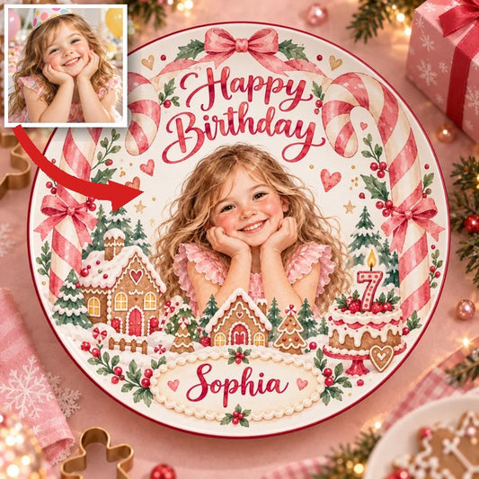 Personalized Christmas Ceramic Plate - Birthday Watercolor Portrait, Gingerbread and Candy Canes