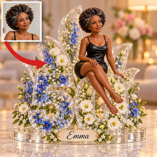 Personalized Custom Photo Blue Floral Custom Shaped Acrylic Plaque - 50th Birthday Gift for Women