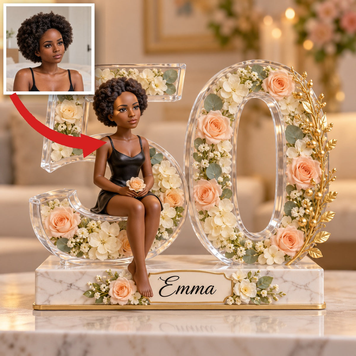 Personalized Custom Photo Floral Acrylic Number Figurine Display - 50th Birthday Gift for Women