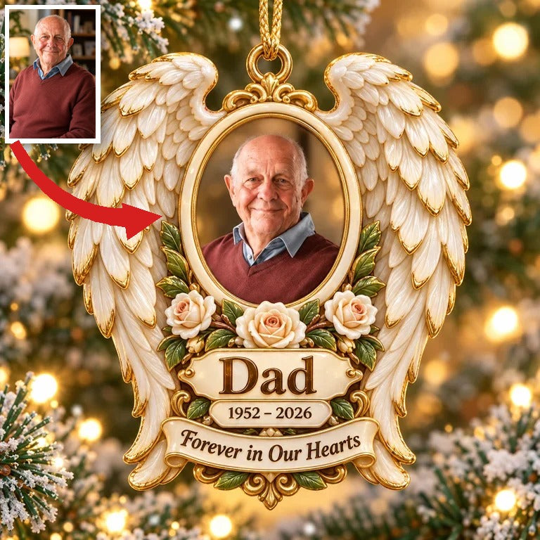 Personalized Custom Photo Dad Memorial Angel Wings Rose 3D Ornament - Christmas Remembrance Keepsake