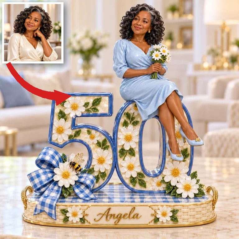 Personalized Custom Photo Gingham Daisy Custom Shaped Acrylic Plaque - 50th Birthday Gift for Women