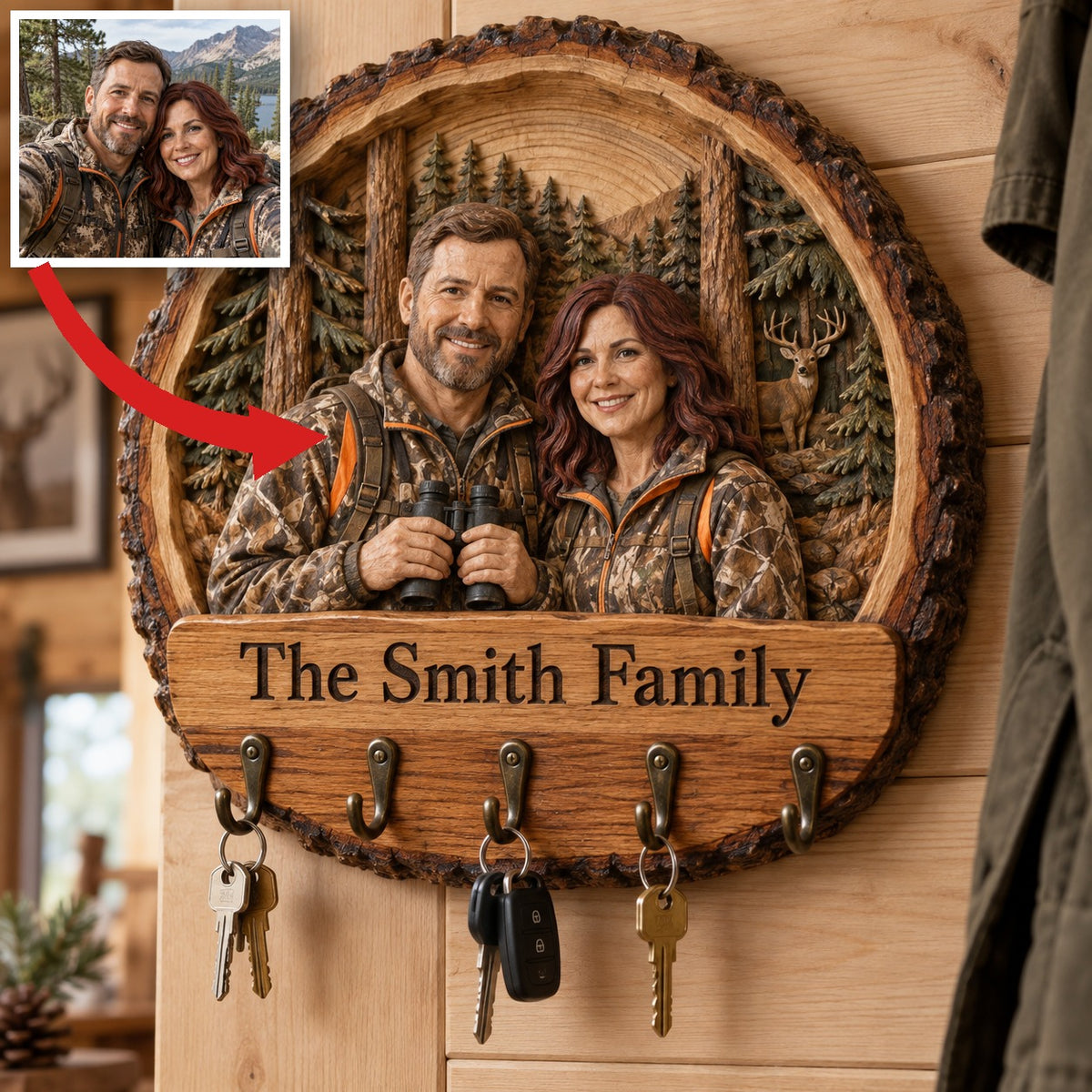 Personalized Hunting Key Rack - Woodland Couple with 5 Hooks