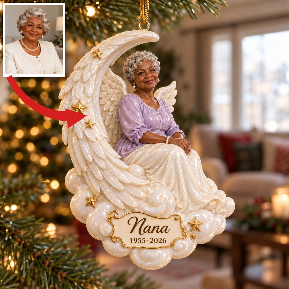 Personalized Custom Photo Crescent Moon Angel Memorial 3D Christmas Ornament - Grandmother Remembrance Keepsake