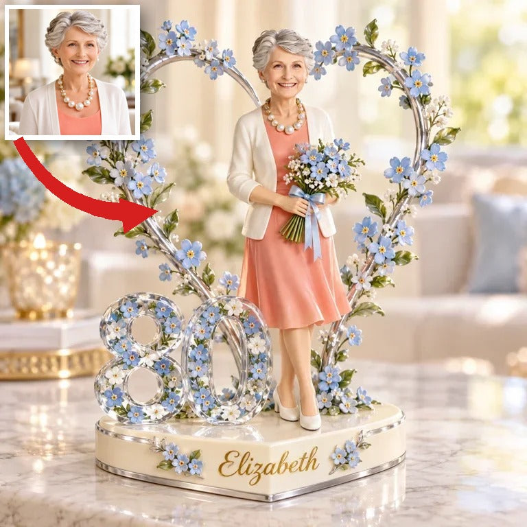 Personalized Floral Heart Custom Shape Actylic Plaque with Custom Portrait, Romantic 21st 30th 40th 50th 60th 70th 80th Birthday Gift for Wife, Girlfriend, Mother, Grandma, Love Keepsake