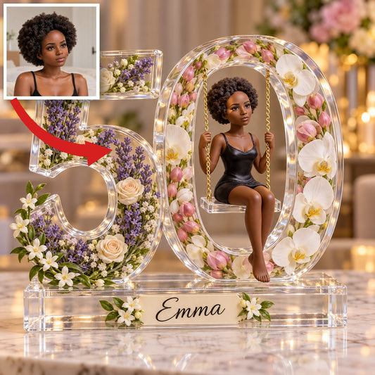 Personalized Custom Photo Floral Swing Acrylic Number Figurine Display - 50th Birthday Gift for Women