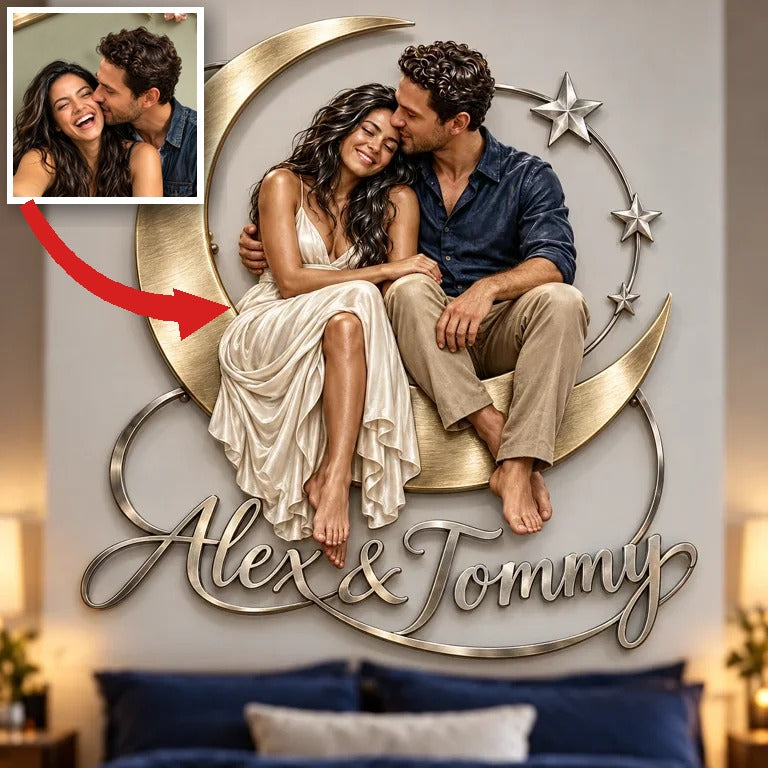 Personalized Custom Photo Moon and Stars Couple 3D Metal Wall Art - Bedroom Decor Gift for Young Couples