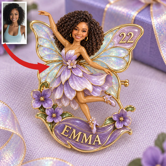Personalized Birthday Fairy Brooch - Custom Photo, Name and Age, Butterfly Wings