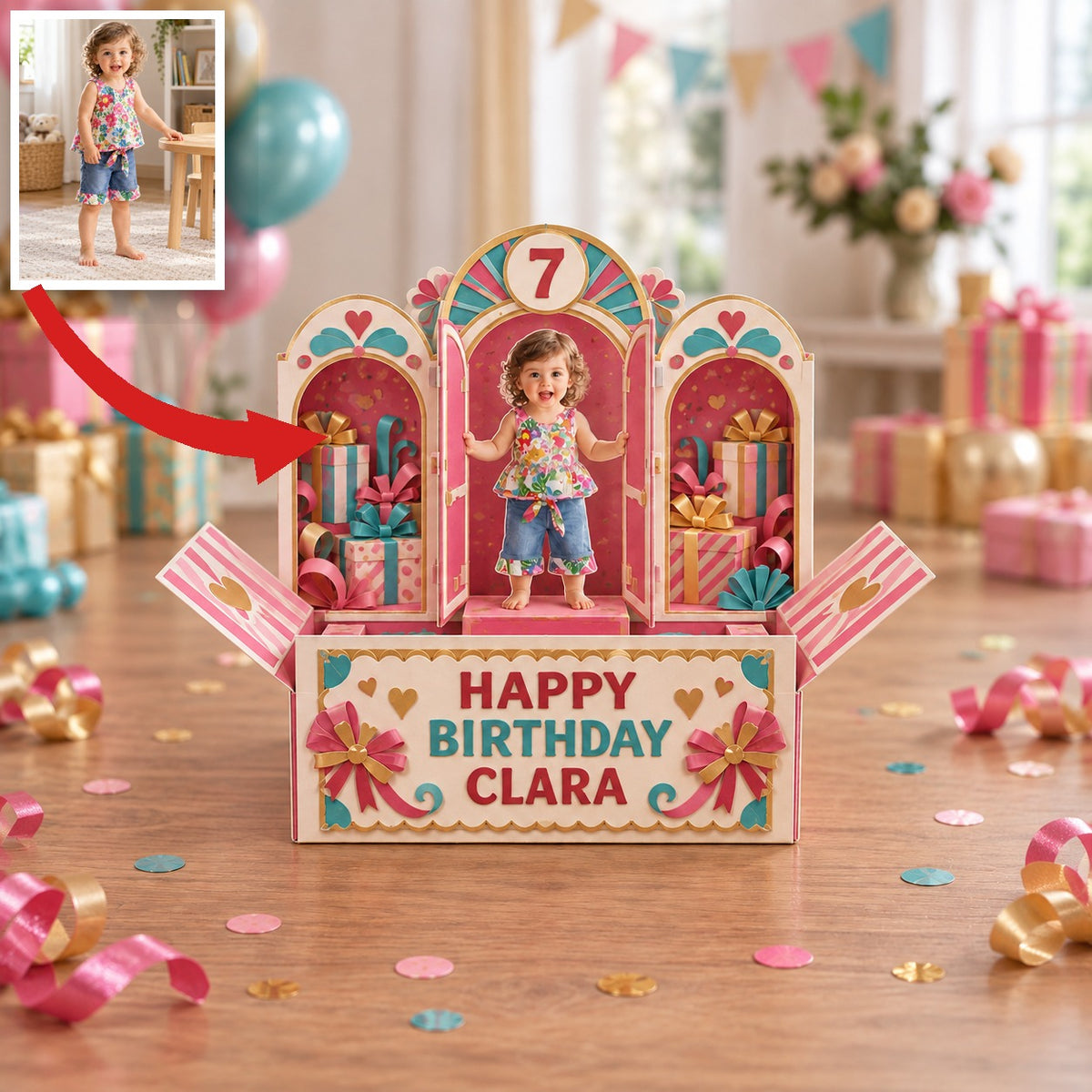 Personalized Birthday Pop Up Box Card - Arched Windows with Custom Photo, Name and Age