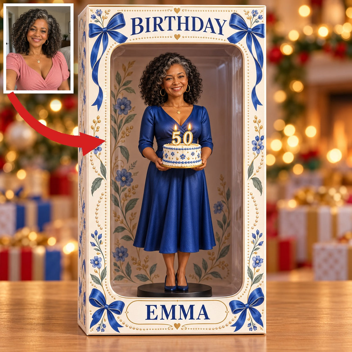 Personalized Custom Photo Blue Ribbon Figurine Display Box - 50th Birthday Gift for Women
