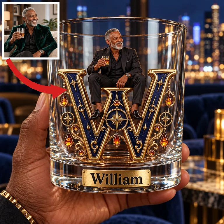 Personalized Custom Photo Celestial Monogram Whiskey Glass - Gift for Older Men Who Love Whiskey