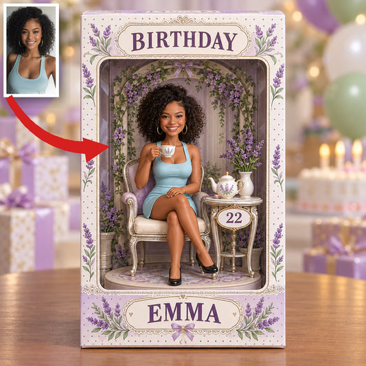 Personalized Birthday Figurine Display Box - Lavender Tea Party Photo Portrait with Custom Name and Age