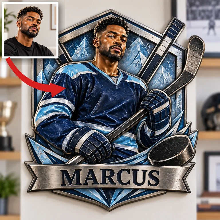 Personalized Custom Photo Ice Hockey 3D Printed Cut Metal Sign - Gift for Young Men