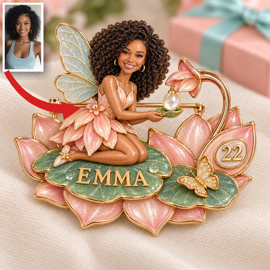 Personalized Lotus-Dew Wish Fairy Brooch - Birthday Gift with Custom Photo, Name and Age